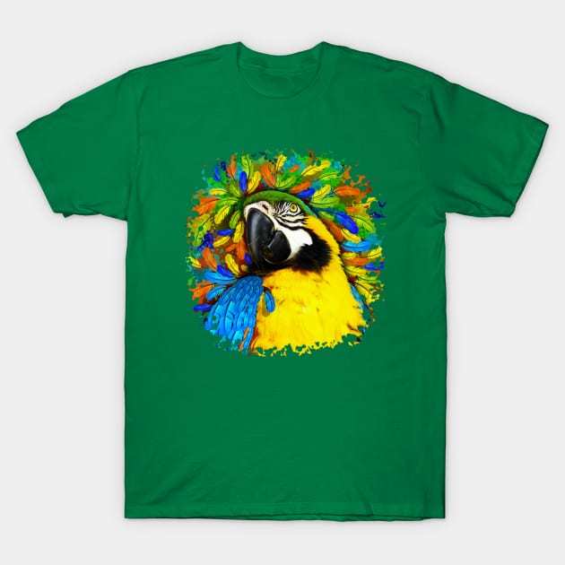 Gold and Blue Macaw Parrot Fantasy T-Shirt by BluedarkArt